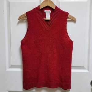 Pierre Cardin Vintage Sweater Vest Womens S Red Lambswool Cotton Knit V Neck